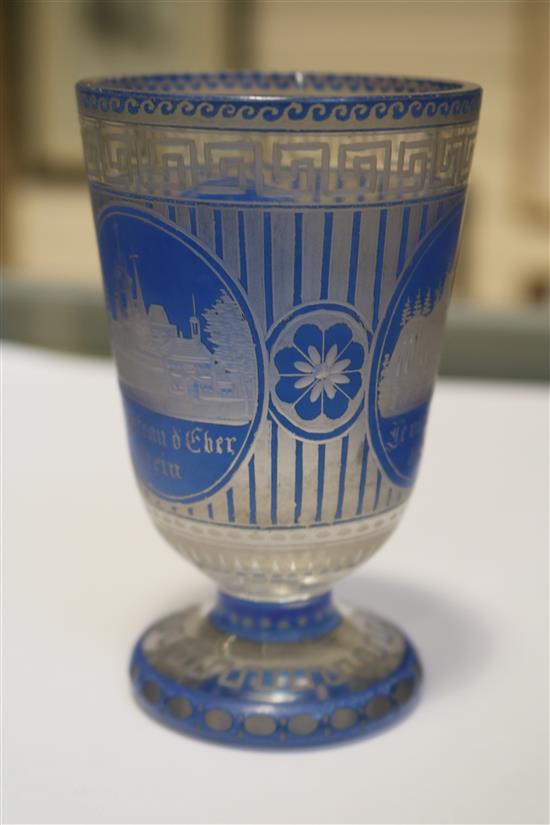 A Bohemian blue overlay glass goblet, c.1860, height 4in.